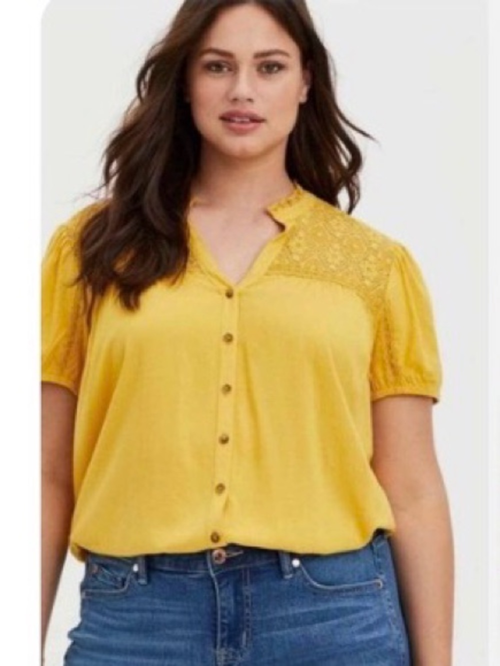 NEW! Torrid Mustard Yellow Button-Front Lace Yoke Blouse Top Plus Size 2